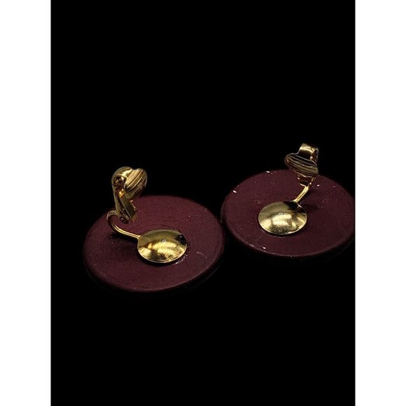 Cherry Red Enamel Clip On Earrings Hand Painted Vintage Floral Design - Picture 8 of 10